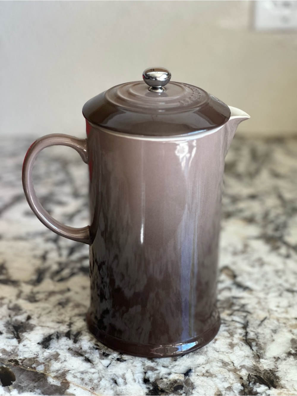 Le Creuset French Press with Silver Knob in Discontinued Truffle Color